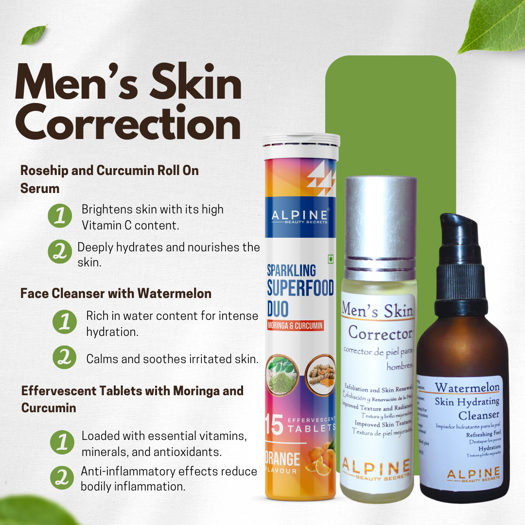 Men's Skin Correction Tio- Roll On Serum + Cleaner+ Moringa and Curcumin Tablet